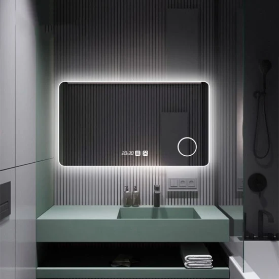 Espelho de banheiro inteligente com desembaçador LED iluminado com relógio digital